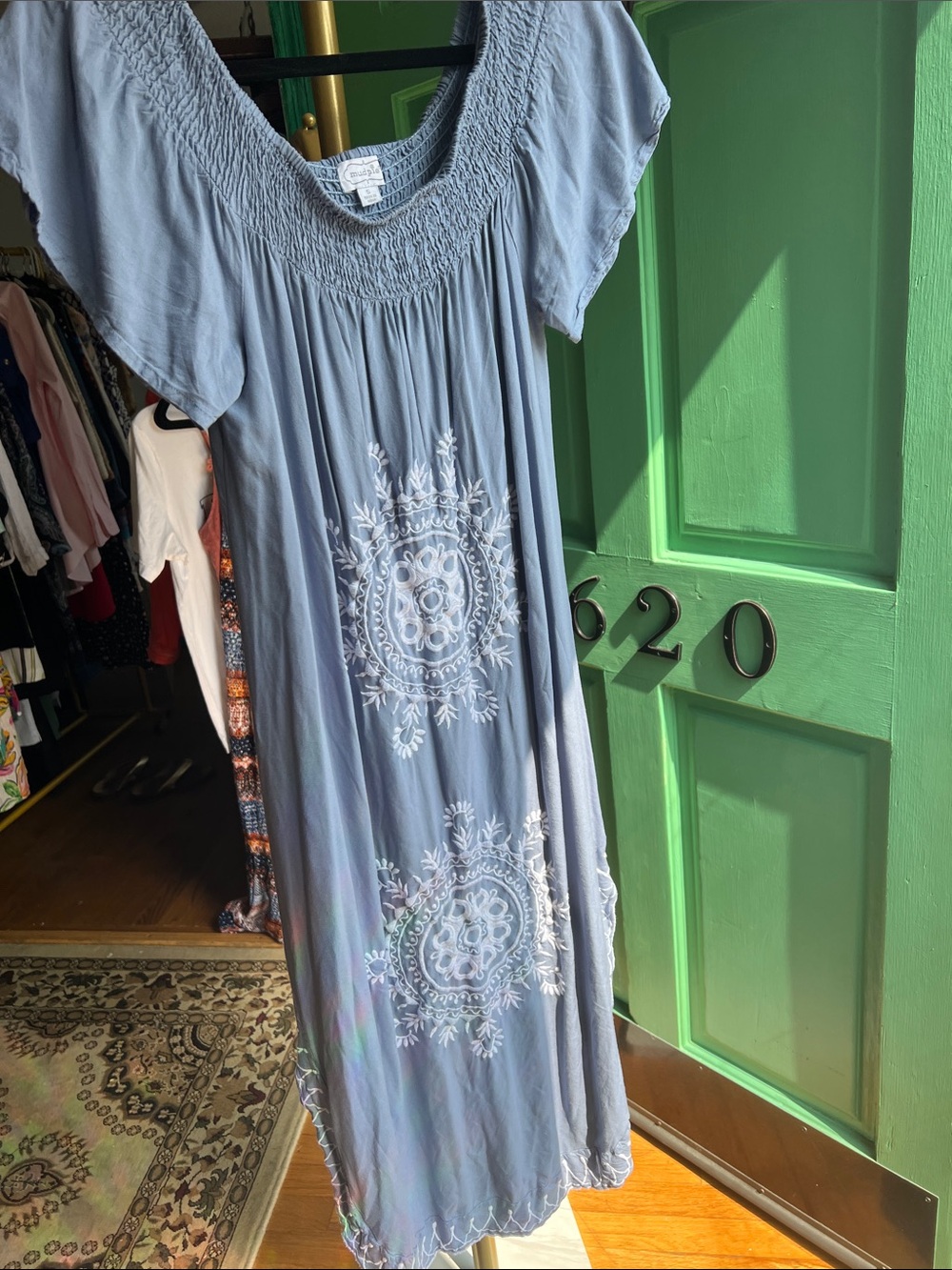 Mud Pie Smocked neck on/off shoulder Embroidered Maxi Dress in Dusty Blue size S